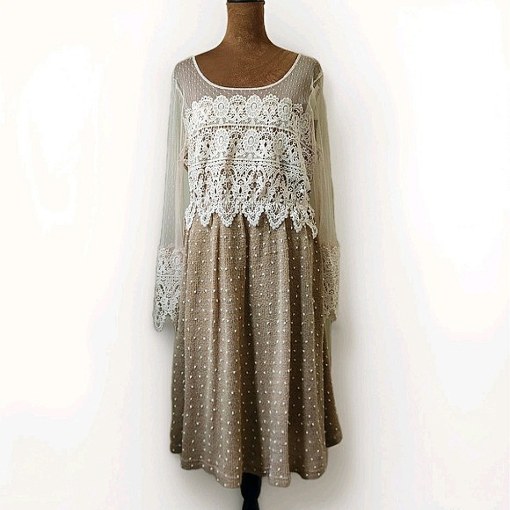 Altar'd State Beige Dress with White Lace Overlay